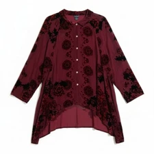 Citron Sz. 4X Rayon & Silk Mix Burgundy Velvet Burnout Button Down Tunic Blouse