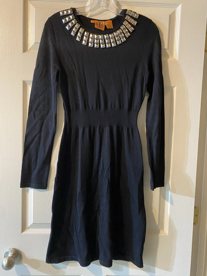 Tory Burch Womens Sweater Dress Black SZ Small Merino Wool Studded Embellished - Image 2 of 4