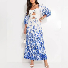 FARM Rio Elegant Blue and White Butterfly Long Dress Size M