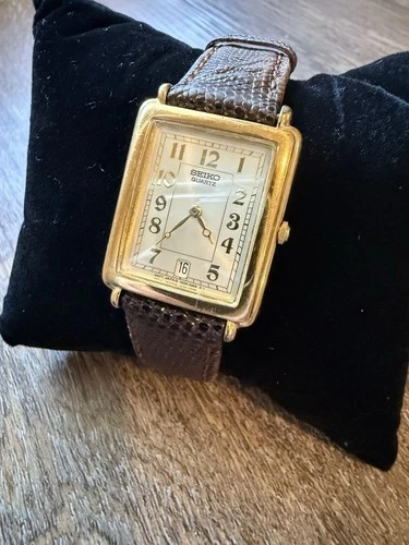 Seiko Tank Watch Men 26mm Champagne Dial Gold Tone Date New Battery Lizard Strap