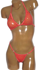 New exotic dancer semi sheer lace thong bikini 2 piece set -A cup Red