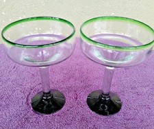 Handmade Large Mexican Margarita Glasses Green Rims Rustic Set Of 2 New Cond