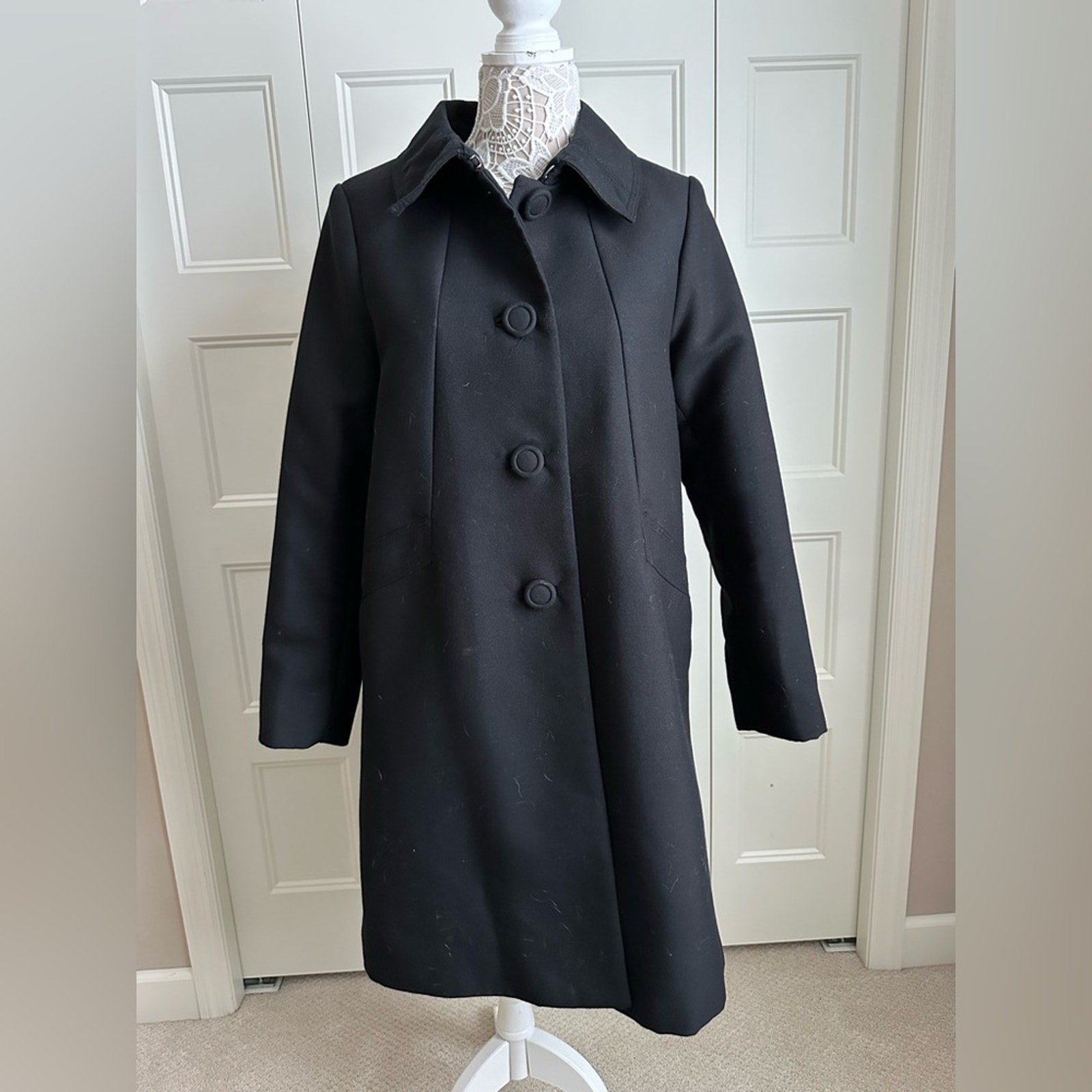 Classic Black Wool Coat | Knee Length Tailored Button Front Outerwear thumbnail 2
