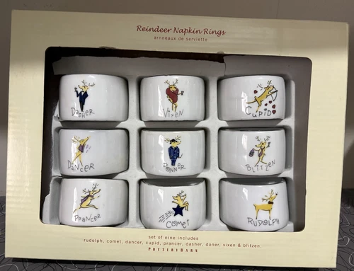 Pottery Barn Rudolph the Reindeer Ceramic Napkin Rings Set Of 9 Christmas