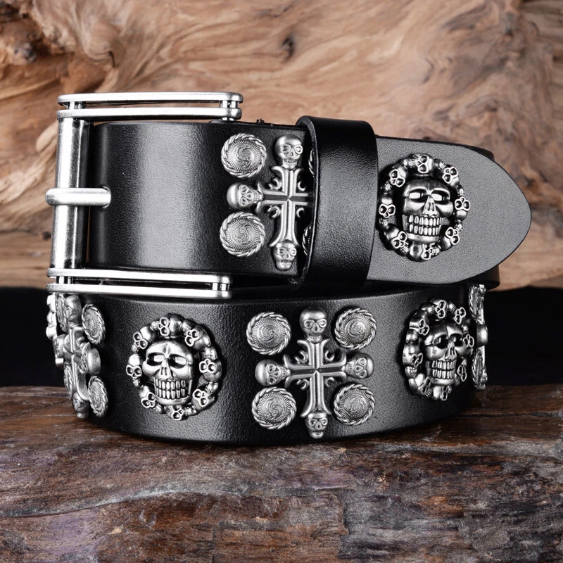Hombres Retro Metal Remache Tachonado Cinturón Vaquero Cuero Genuino Punk Calavera Jeans Cinturones Foto 2 de 4