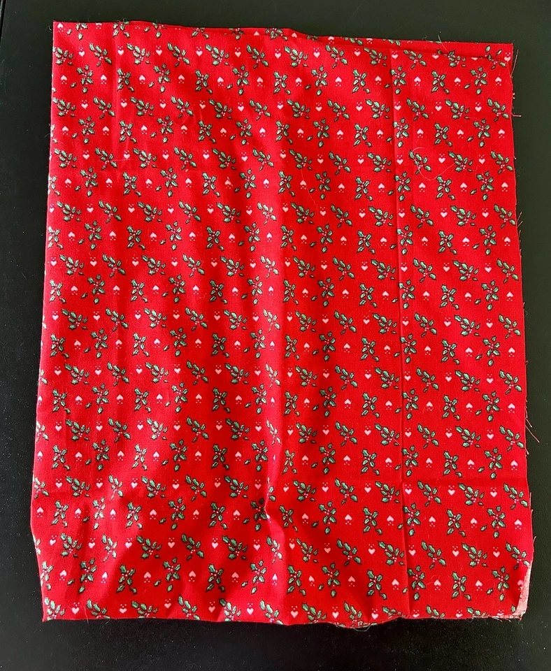 Christmas Holly And Hearts Fabric Piece Red Green Odd Cut 25" x 36" + - Image 2 of 3