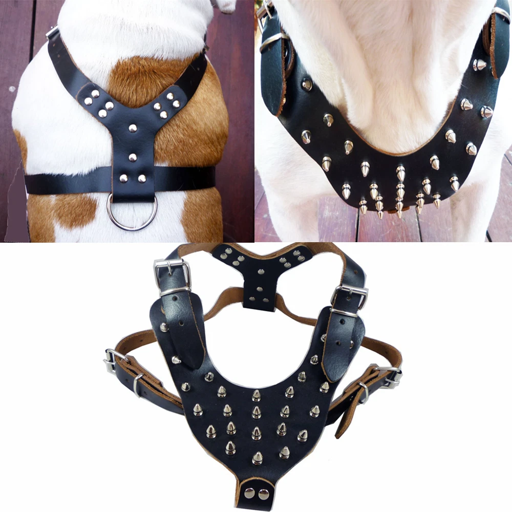 Dog Harness Spiked Studded PU Leather Pitbull Mastiff Boxer Bully Chest 26~34"