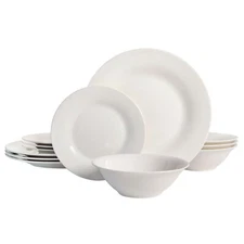 Round White Stoneware 12-Piece Dinnerware Set Plates Dishes Bowls, Service for 4