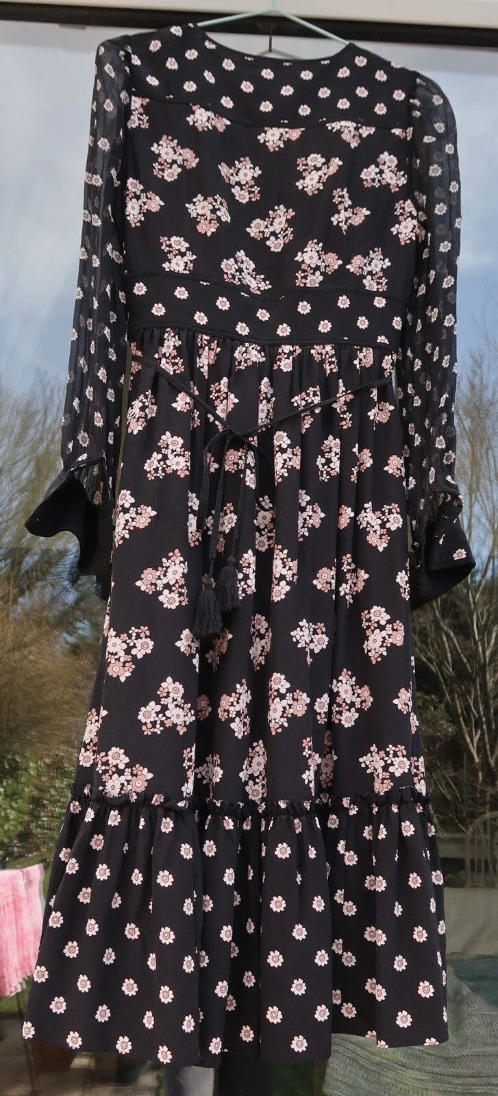 Abito Kate Spade 2 100% seta nero floreale manica trasparente