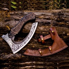 14" HAND FORGED Pizza Cutter Axe Camping Axe Bearded Axe Viking Axe W/Sheath