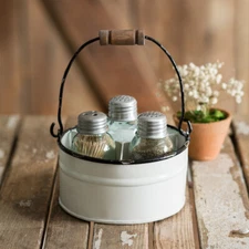 Mason Jars Salt & Pepper Shaker Set with Round Metal Caddy ~White / Black Trim~ 