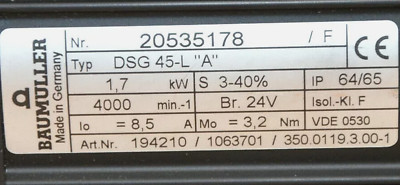 NEW BAUMULLER DSG 45-L ''A'' SERVO MOTOR 1.7KW DSG45-L ''A''