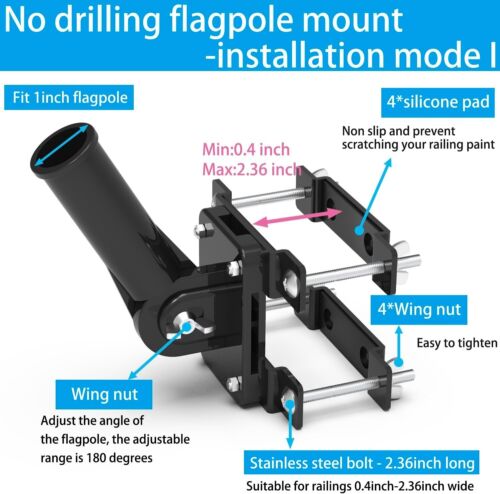 No Drill Flag Pole Holder, Railing Mount for 1" Pole, Porch & Balcony, Black - Picture 4 of 7