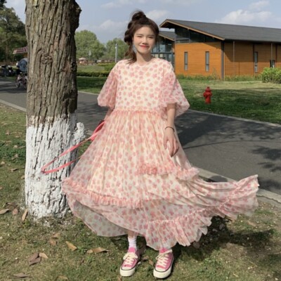 white christmas dresses Artistic Style Floral Skirt Chiffon Dress Long Skirt Spring New Korean  Style Fairy Dress Ruffled Large Swing Skirt – pretty girl main image 0