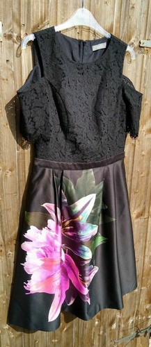 Oasis Black Lace Cold Shoulder Pink Blue Lily Floral Dress 10 VGC Worn Once - Picture 7 of 12