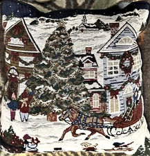 Vintage Christmas Town Scene Pillow Horse Drawn Sleigh Holidays Winter 16" x 16"