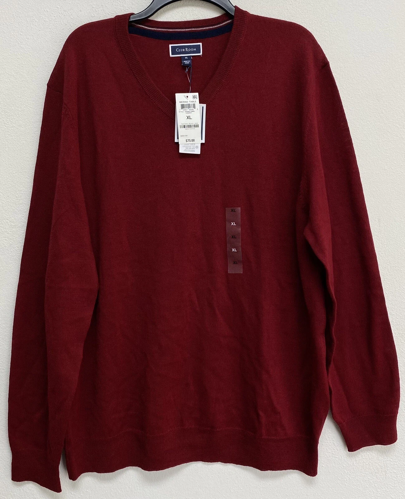 CLUB ROOM Men's Solid V-Neck Merino Wool Blend Sweater, Size XL