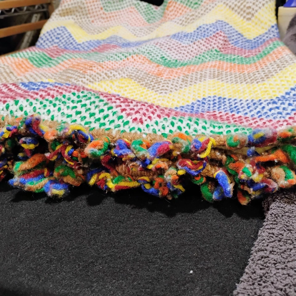 Vintage Handmade Geometric Design Chevron Crochet Simple Stitch Rainbow Afghan - Image 4 of 4