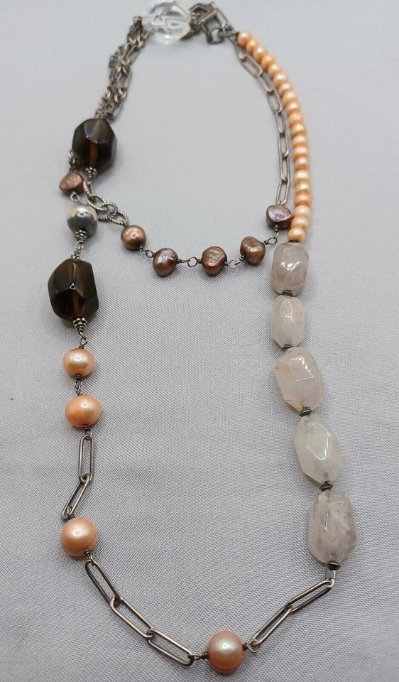 Collar largo de piedras preciosas Silpada bronce y perlas de champán, cuarzo plata de ley Foto 3 de 4