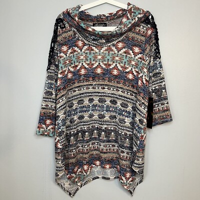 NWT Absolutely Famous Plus Sz 1X Multicolor Turtle Neck Blouse Embroidered Lace