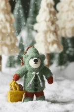 Anthropologie Handmade Felt Bear Ornament Fishing Green Cozy NEW