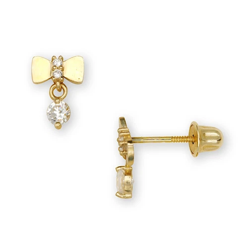 14K Yellow & White Gold Bow Tie Dangle Stud Screwback Earrings for Girls - Picture 1 of 1