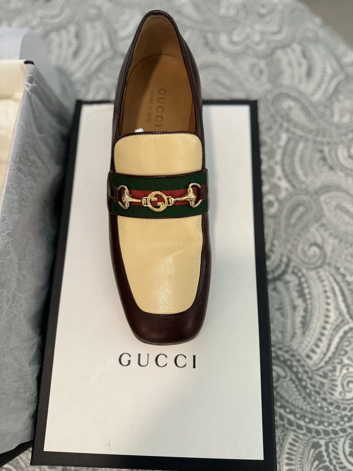 NEUF mocassins en cuir Gucci marron/crème double Gucci taille 8