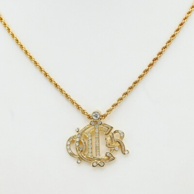 K02-k074 Christian Dior logo rhinestone GP necklace gold