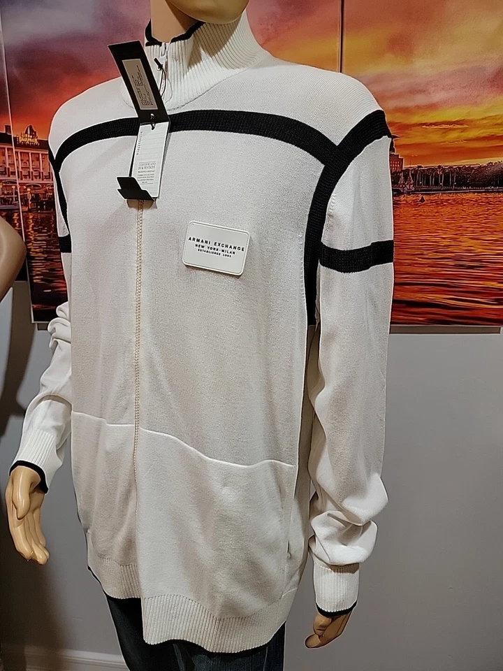 Suéter para hombre Armani Exchange A/X cremallera completa blanco/negro XXL nuevo con etiquetas #C Foto 2 de 4