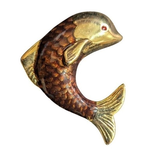 Vintage Dolphin Brooch Brown Enamel Gold Tone Red Eye Aquatic Pin 1.75 Inch