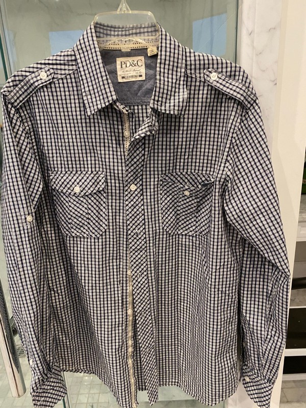 BRAND NEW PD&C MENS BLUE PLAID COTTON DRESS SHIRT, SIZE MEDIUM!!