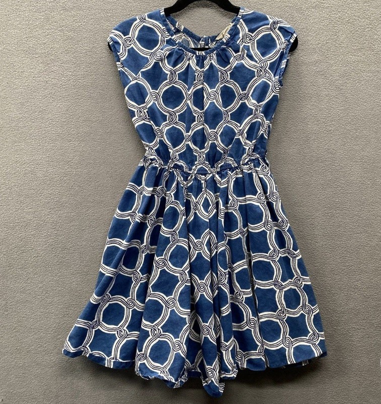 Lands End Kids Fit Flare Dress Girls Size 6 Blue White Cotton