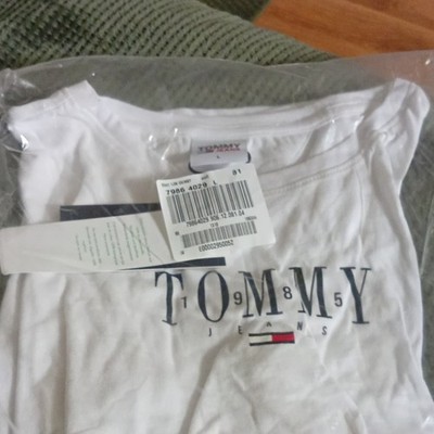 Tommy Jeans Damen T-Shirt TJW Skinny Shirt, Logo-Muster, Weiß, Größe L