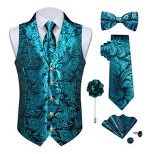 Silk Paisley Vest for Men Wedding Waistcoat and Necktie Medium Teal Paisley