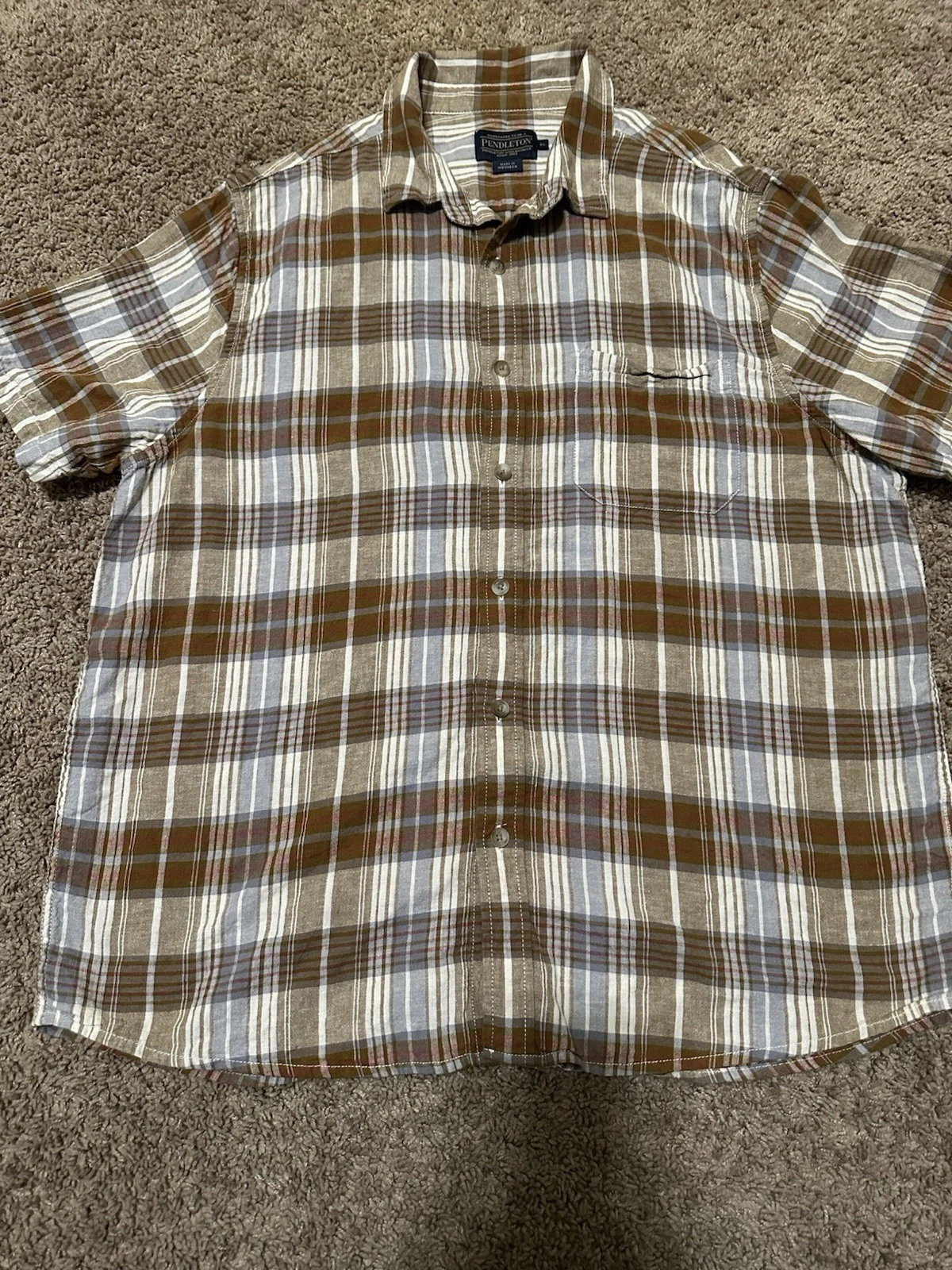 Pendleton Linen Blend Button Down Short Sleeve Brown And Blue Plaid Size XL