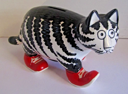 B Kliban Cat Ceramic Piggy Bank by Taste Setter with Stopper Black/White 70s