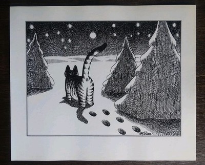 B Kliban Cats Collectible Art Print Silent Night Cat Footprints Walking In Snow