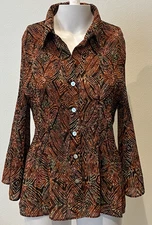 Sere Nade New York Accordion Pleated Flare Sleeve Blouse Sz L Brown Geo Office