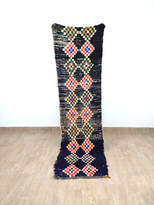 Vintage Moroccan Runner Rug 2x9  Black Blue Geometric Bohemian Azilal Old Carpet
