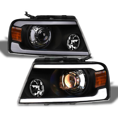 Topline For 2004-2008 Ford F150 LED Strip Bar Projector Headlights Amber - Black