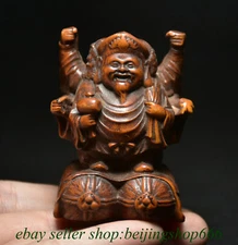 2.4" Chinese Boxwood Wood Carving Vaishravana On Lion Protector Deity Statue