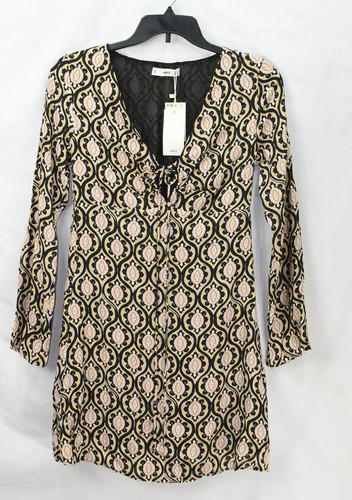 MANGO Women's Size 4 Flowy Geometric Print V-Neck Sheath Dress, Beige, NwT