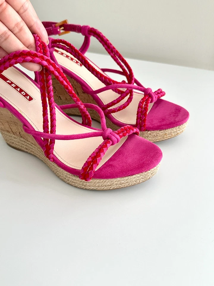 PRADA Strappy Suede Slingback Cork Wedge Sandals in Fuchsia Red Size 38.5 - Image 2 of 4