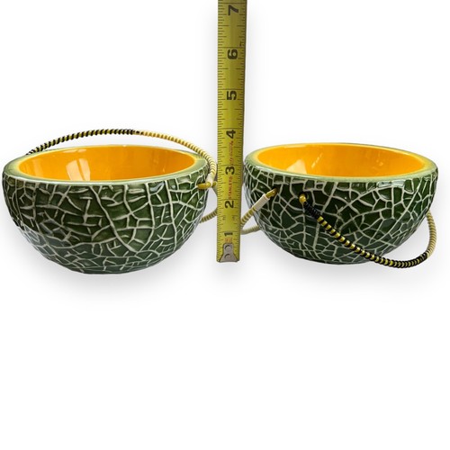 Vintage Seyei Ceramic Cantaloupe Melon Handled Bowl Basket Set of 2 Antique - Picture 11 of 13