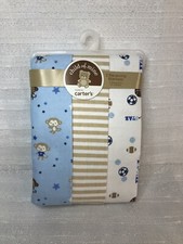 CARTER'S LOT 3 RECEIVING BLANKETS BLUE FLANNEL MONKEY SPORTS STRIPED BOY NEW
