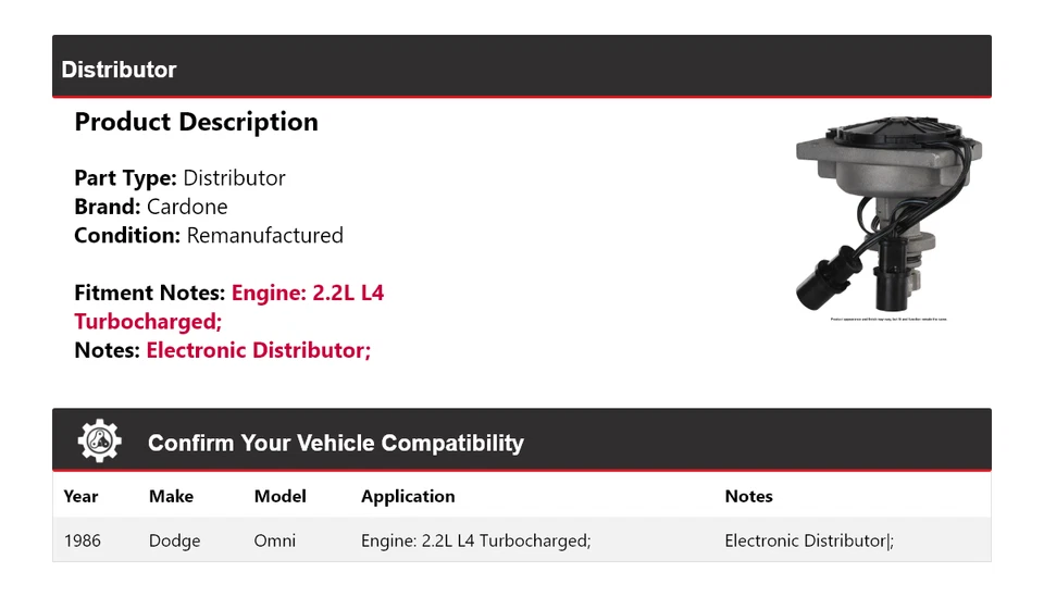 Dodge Omni 1986 2,2 L L4 turboalimentado distribuidor cardone Foto 2 de 4