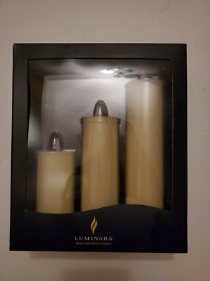  Luminara Dancing Flame Candle LED Slim Pillar Ivory Set Of 3 Real Wax Battery