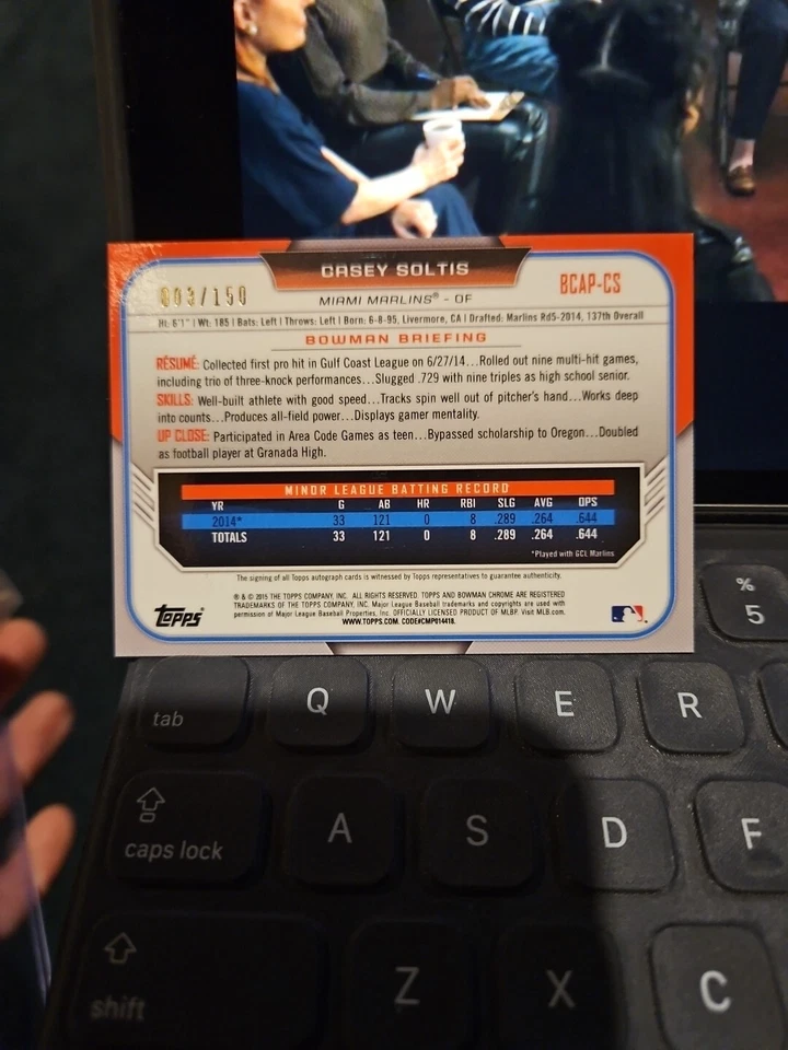 2015 Bowman Chrome Casey Soltis Blue Refractor Auto RC #/150 #BCAP-CS Marlins - Image 2 of 2
