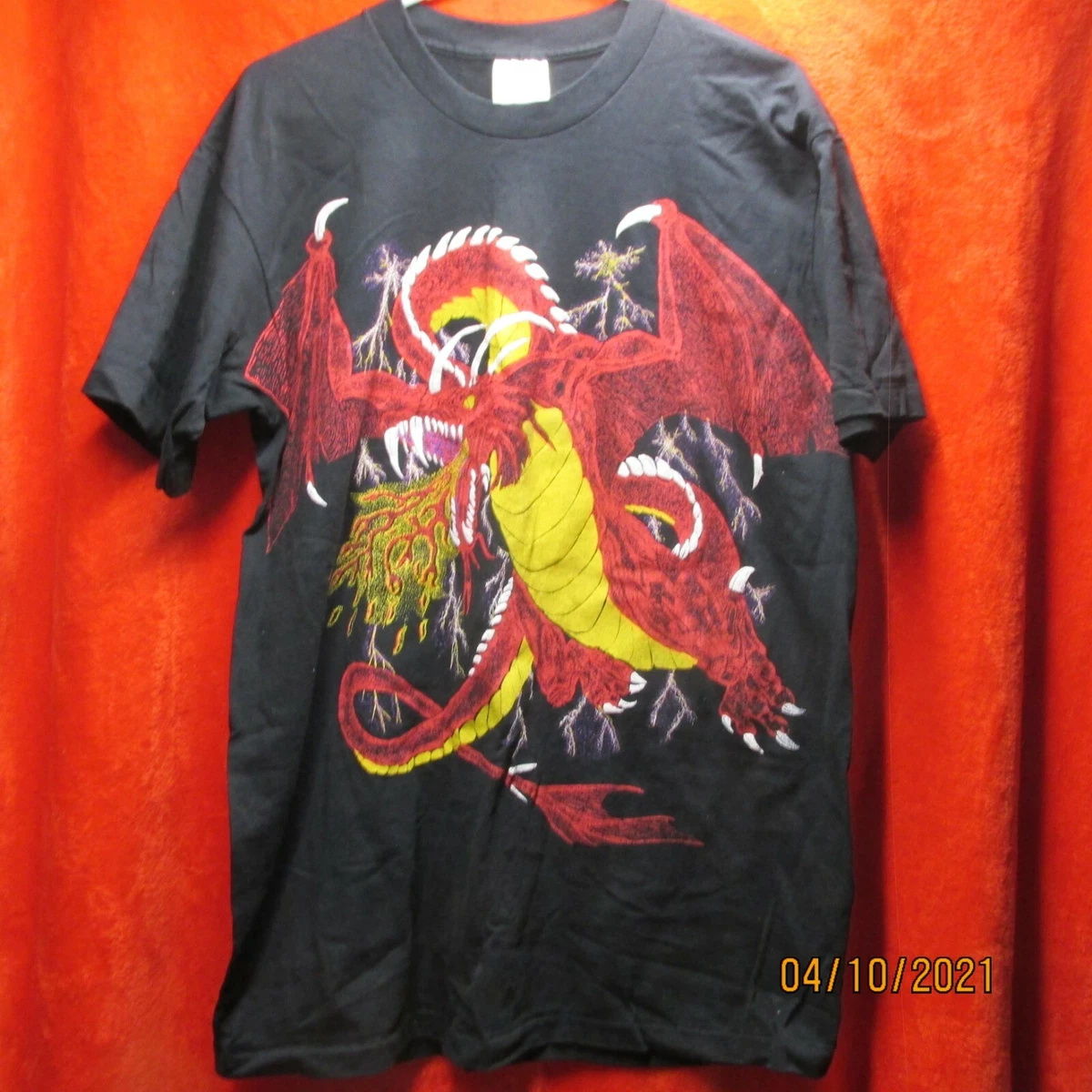 Vintage 90s Fire Breathing Red Dragon raised print all over T Shirt Large  RARE