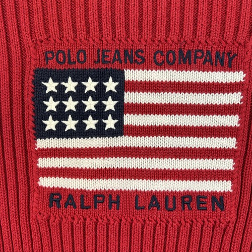 Vintage Polo Jeans Sweater Womens Medium Ralph Lauren Flag Ribbed Red 90s USA - Picture 3 of 12